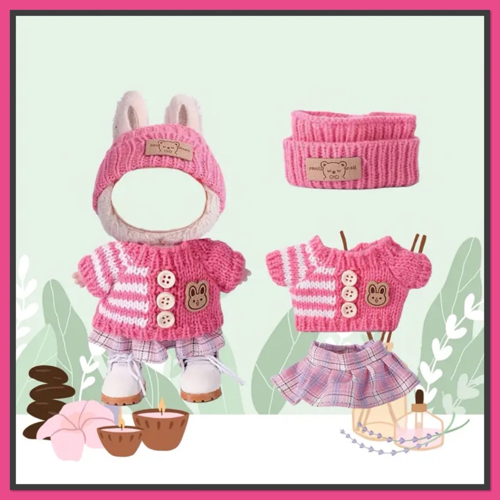 Labubu Charming Pink Sweater and Skirt with a Headband Outfit Set